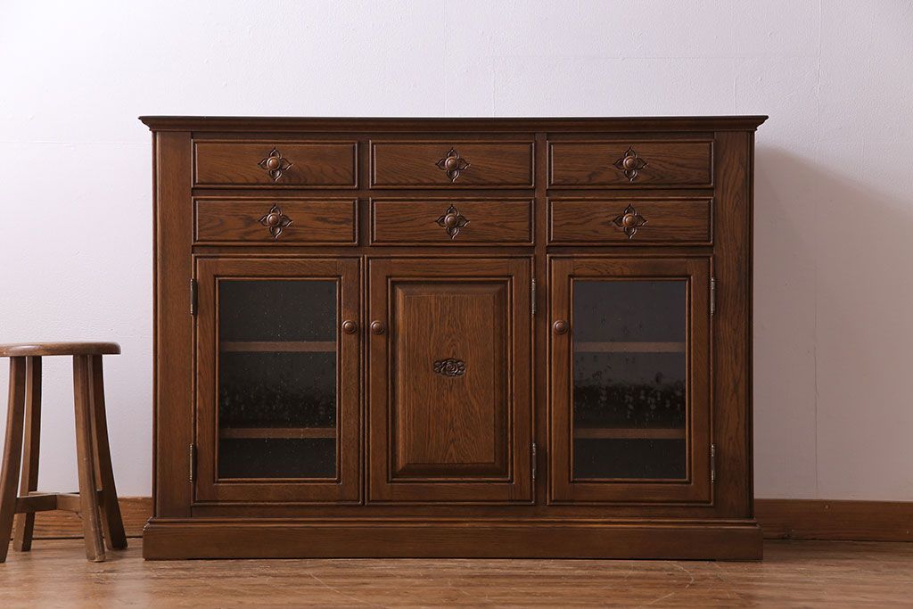 中古　旭川家具　勇峰工芸　フローラシリーズ　ナラ材サイドボード(戸棚、リビングボード)