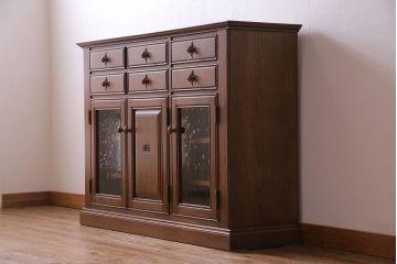 中古　旭川家具　勇峰工芸　フローラシリーズ　ナラ材サイドボード(戸棚、リビングボード)