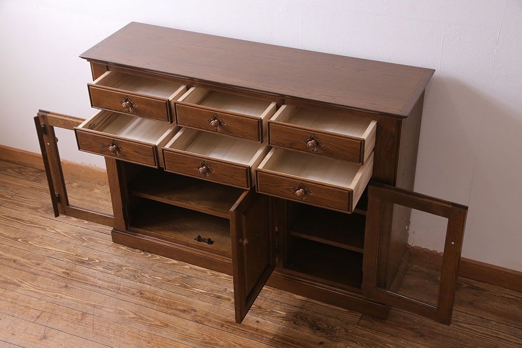 中古　旭川家具　勇峰工芸　フローラシリーズ　ナラ材サイドボード(戸棚、リビングボード)