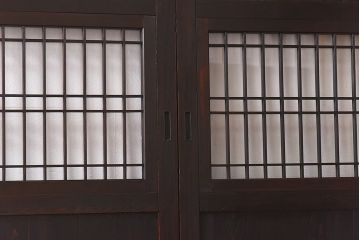 和製アンティーク　細い桟の格子が上品な帯戸(ガラス帯戸、引き戸、格子戸、建具)2枚セット