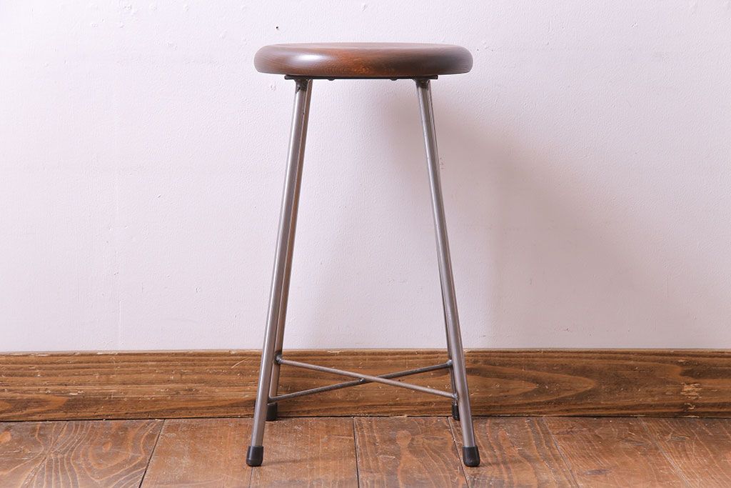 アンティーク雑貨　ラフジュ工房オリジナル　シンプルな細身の鉄脚が魅力の丸スツール(椅子、チェア)(1)