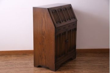 【T様ご決済用】イギリスビンテージ　レザートップの赤い台が可愛らしいライティングビューロー(簿記机、在宅ワーク、在宅用デスク)