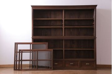 アンティーク家具　和製アンティーク　堂々とした佇まいの二段重ねガラス戸棚(収納棚、食器棚、飾り棚、ショーケース)