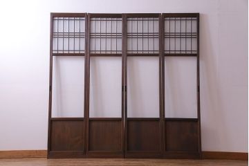 昭和中期　すりガラスの入り!幅の狭い変わり型格子ガラス戸(引き戸、格子戸、建具)4枚組