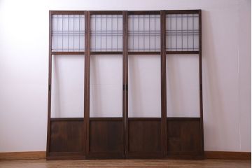 昭和中期　すりガラスの入り!幅の狭い変わり型格子ガラス戸(引き戸、格子戸、建具)4枚組