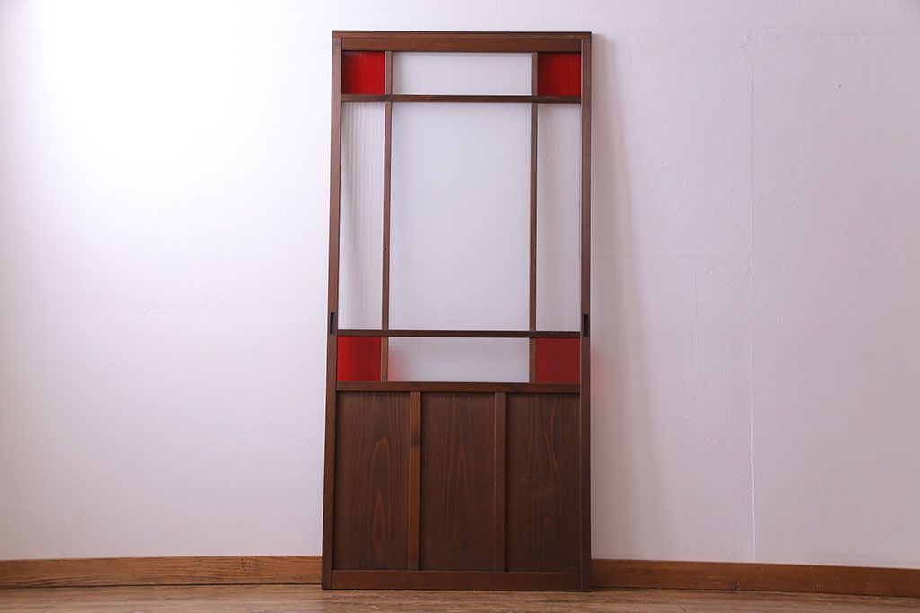 和製アンティーク　色ガラス入り!木のぬくもりを活かしたガラス戸(引き戸、建具)