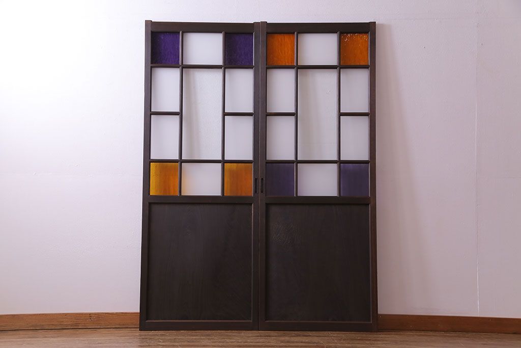 【U様ご成約分】大正ロマン　ノスタルジックな雰囲気が漂うガラス戸(引き戸、建具)2枚セット