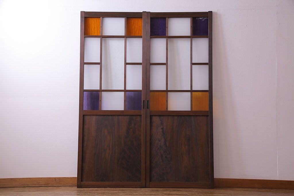 【U様ご成約分】大正ロマン　ノスタルジックな雰囲気が漂うガラス戸(引き戸、建具)2枚セット