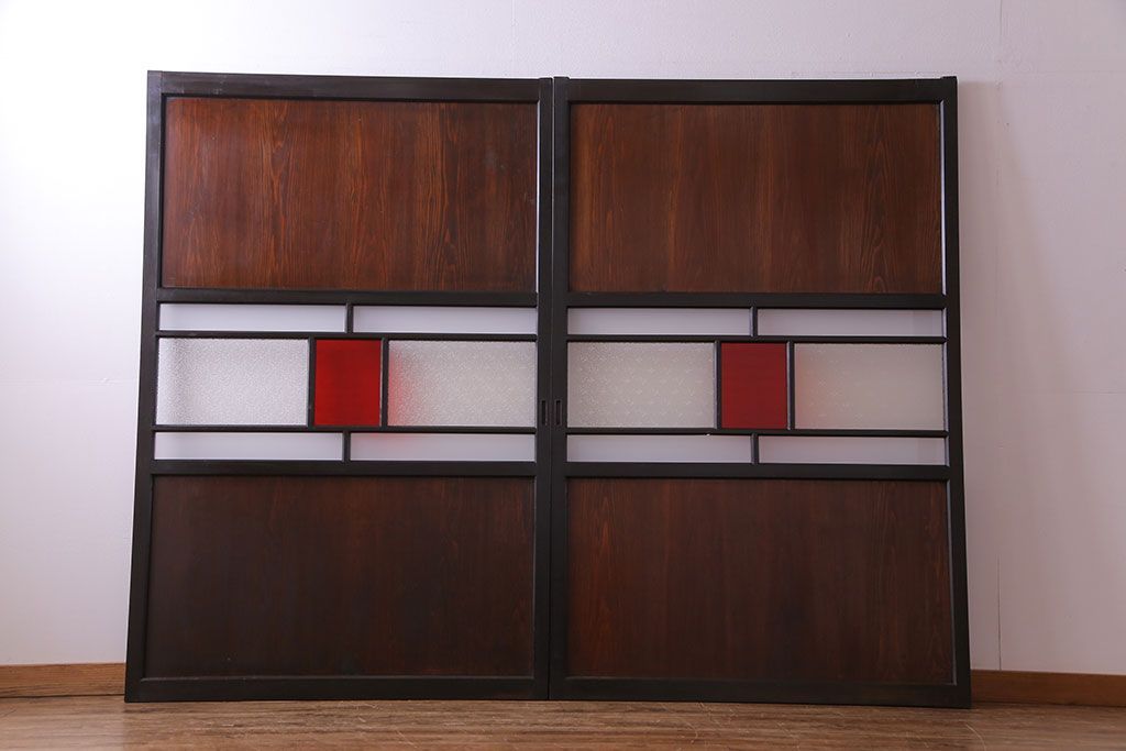 大正ロマン　漆塗りで上質な幅広ガラス帯戸(引き戸、ガラス戸)2枚セット