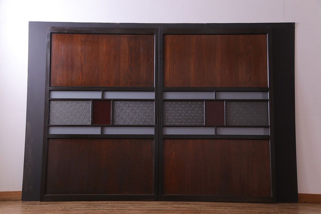 大正ロマン　漆塗りで上質な幅広ガラス帯戸(引き戸、ガラス戸)2枚セット