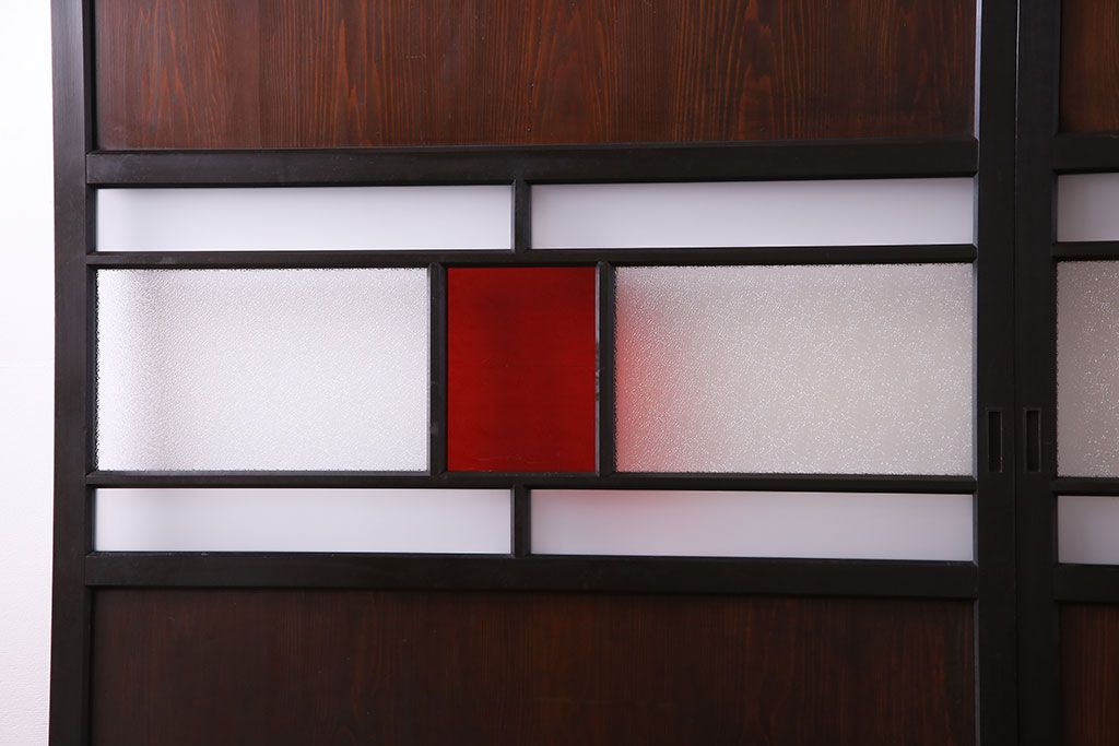 大正ロマン　漆塗りで上質な幅広ガラス帯戸(引き戸、ガラス戸)2枚セット