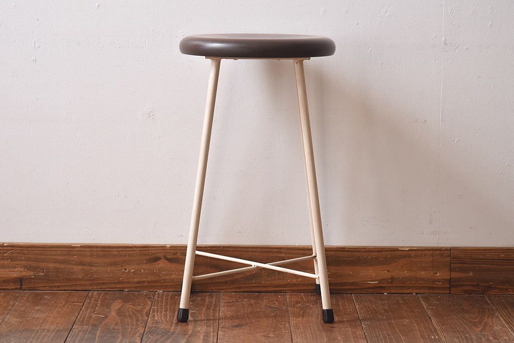 アンティーク雑貨　ラフジュ工房オリジナル　ナチュラルペイントが愛らしい鉄脚丸スツール(椅子、チェア)(1)