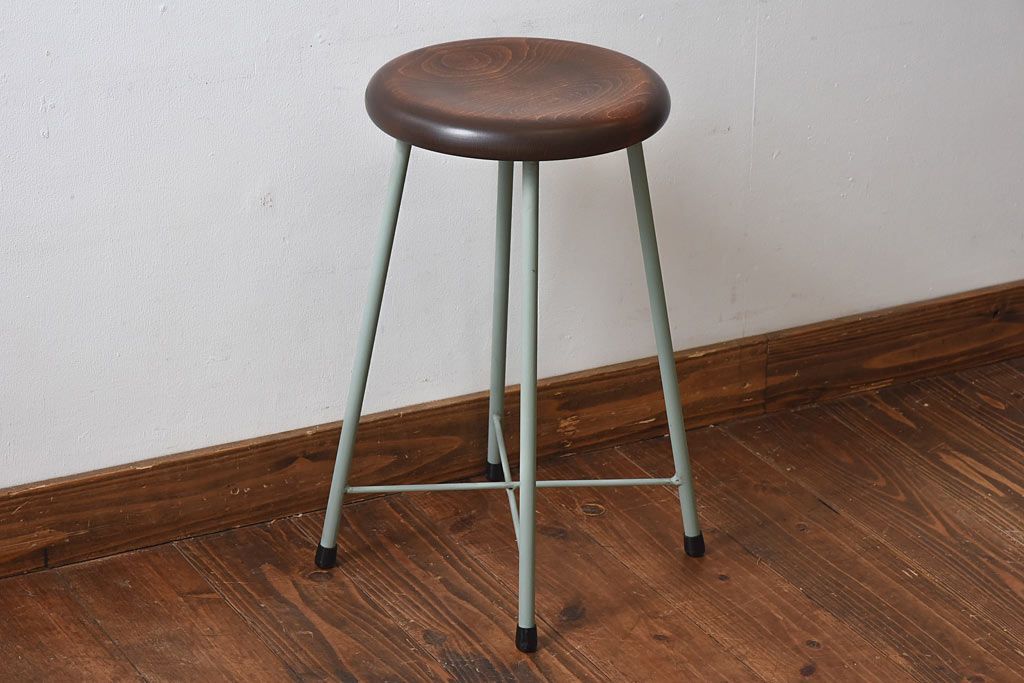 アンティーク雑貨　ラフジュ工房オリジナル　ナチュラルペイントが愛らしい鉄脚丸スツール(椅子、チェア)(3)