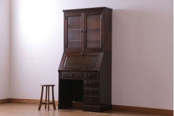 中古　北海道民芸家具　上品な雰囲気漂うビューローブックケース(ライティングビューロー、机、本箱、収納棚)(定価約49万円)