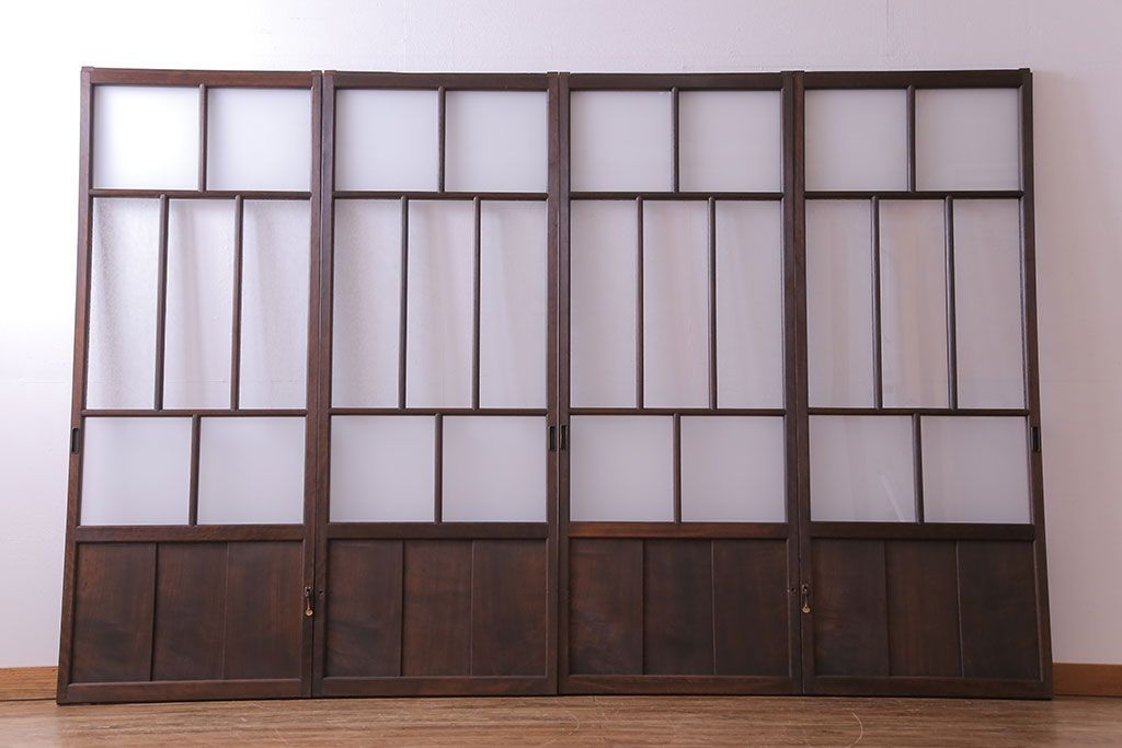 異なるガラスの組み合わせが味わい深い格子戸(引き戸、ガラス戸)4枚セット