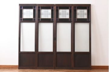 大正ロマン　スリムな形と色ガラスが魅力的な引き戸(ガラス戸、建具)4枚セット