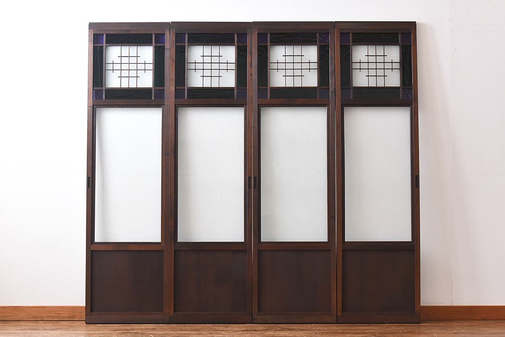 大正ロマン　スリムな形と色ガラスが魅力的な引き戸(ガラス戸、建具)4枚セット
