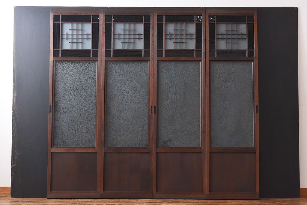 大正ロマン　スリムな形と色ガラスが魅力的な引き戸(ガラス戸、建具)4枚セット