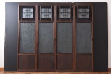 大正ロマン　スリムな形と色ガラスが魅力的な引き戸(ガラス戸、建具)4枚セット