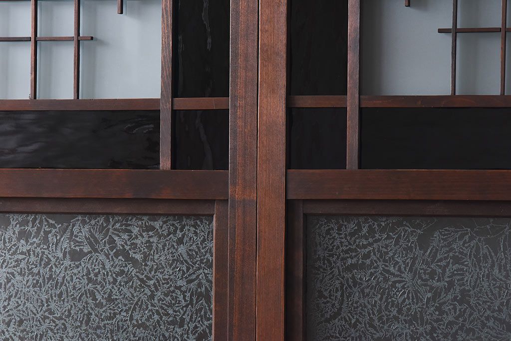 大正ロマン　スリムな形と色ガラスが魅力的な引き戸(ガラス戸、建具)4枚セット