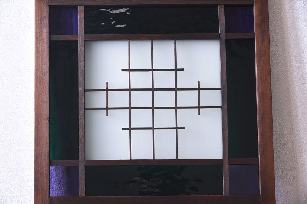 大正ロマン　スリムな形と色ガラスが魅力的な引き戸(ガラス戸、建具)4枚セット