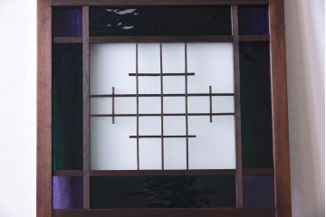 大正ロマン　スリムな形と色ガラスが魅力的な引き戸(ガラス戸、建具)4枚セット