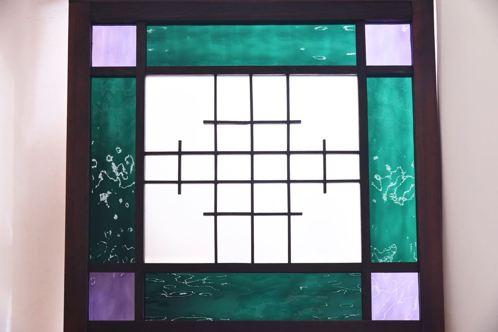 大正ロマン　スリムな形と色ガラスが魅力的な引き戸(ガラス戸、建具)4枚セット