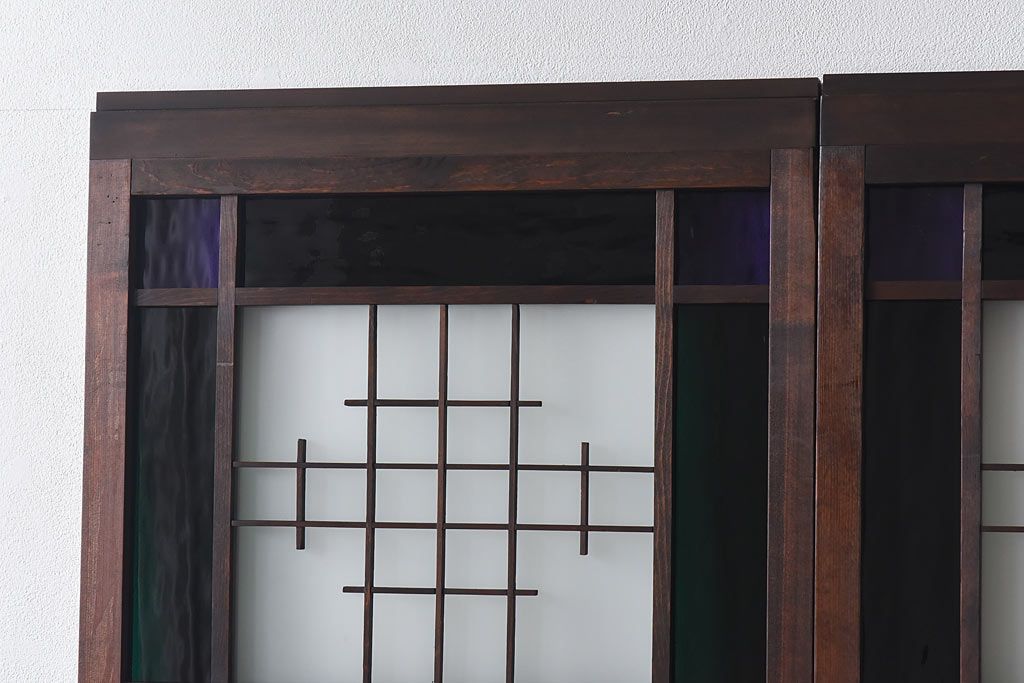 大正ロマン　スリムな形と色ガラスが魅力的な引き戸(ガラス戸、建具)4枚セット