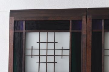 大正ロマン　スリムな形と色ガラスが魅力的な引き戸(ガラス戸、建具)4枚セット