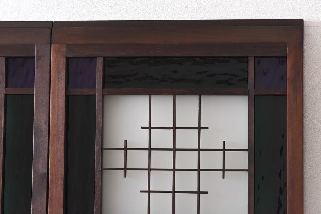 大正ロマン　スリムな形と色ガラスが魅力的な引き戸(ガラス戸、建具)4枚セット