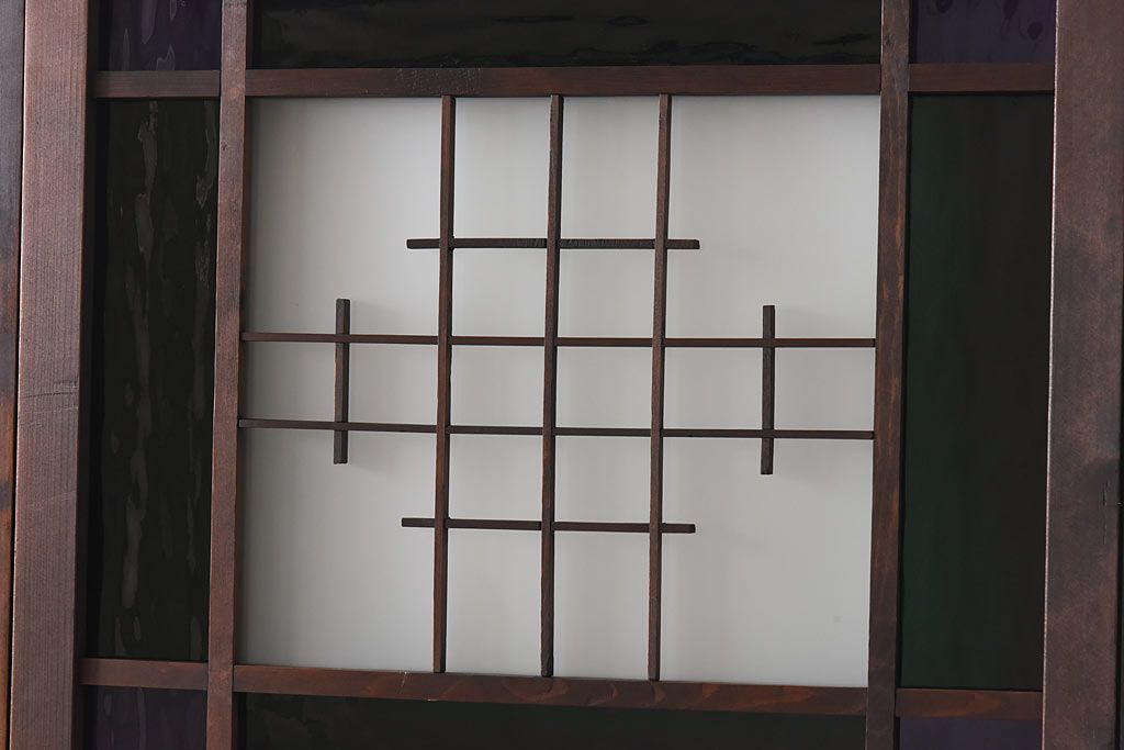 大正ロマン　スリムな形と色ガラスが魅力的な引き戸(ガラス戸、建具)4枚セット