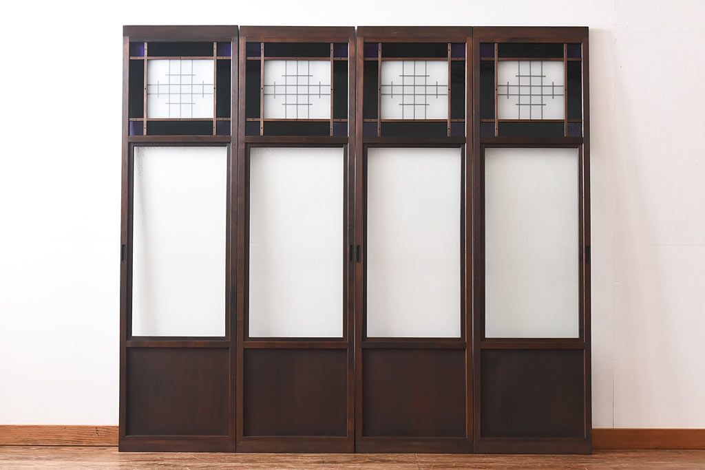 大正ロマン　スリムな形と色ガラスが魅力的な引き戸(ガラス戸、建具)4枚セット