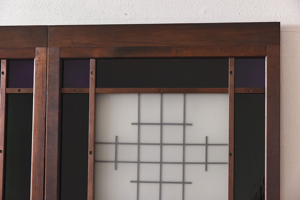 大正ロマン　スリムな形と色ガラスが魅力的な引き戸(ガラス戸、建具)4枚セット