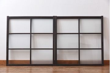 昭和レトロ　2種のガラスで作られた市松模様がおしゃれなガラス戸(窓)2枚セット
