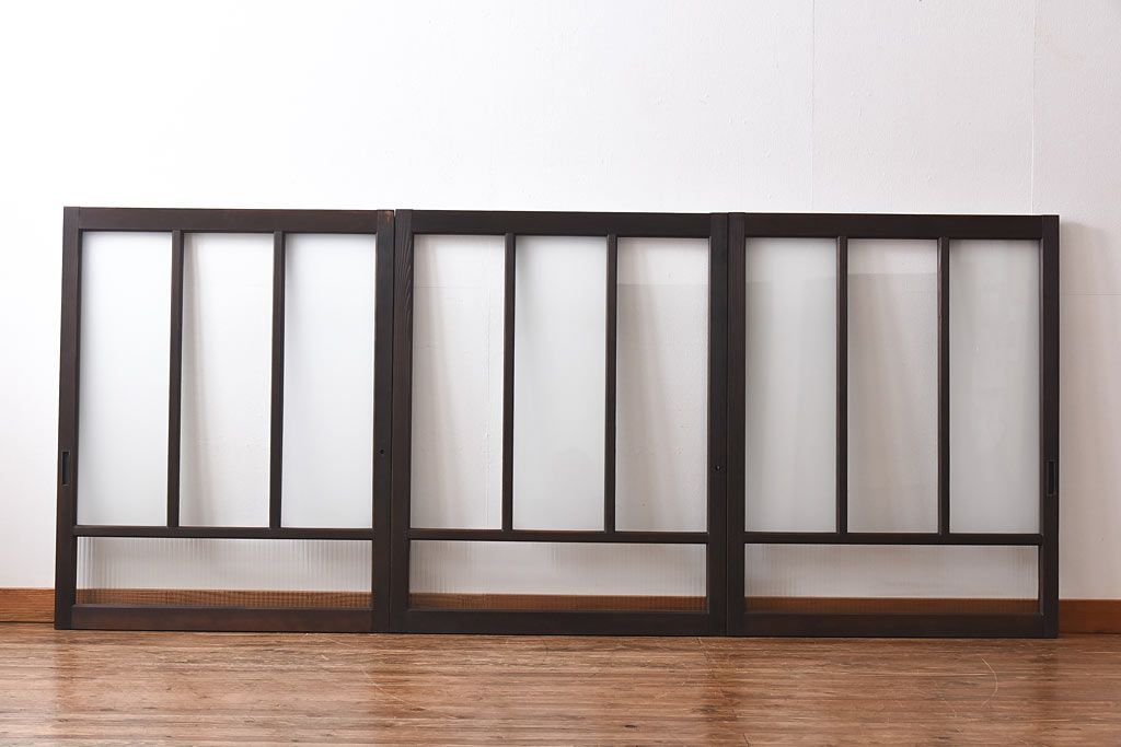 昭和レトロ　縞のデザインが個性的なガラス戸(窓、引き戸)3枚セット