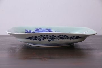 明治大正期　青磁　染付　牡丹梅鳥図角皿(和食器、大皿)