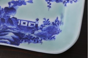 明治大正期　青磁　染付　牡丹梅鳥図角皿(和食器、大皿)