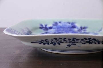 明治大正期　青磁　染付　牡丹梅鳥図角皿(和食器、大皿)