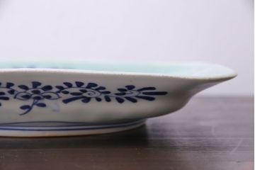 明治大正期　青磁　染付　牡丹梅鳥図角皿(和食器、大皿)