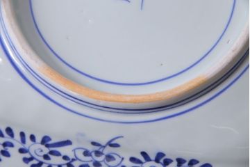 明治大正期　青磁　染付　牡丹梅鳥図角皿(和食器、大皿)