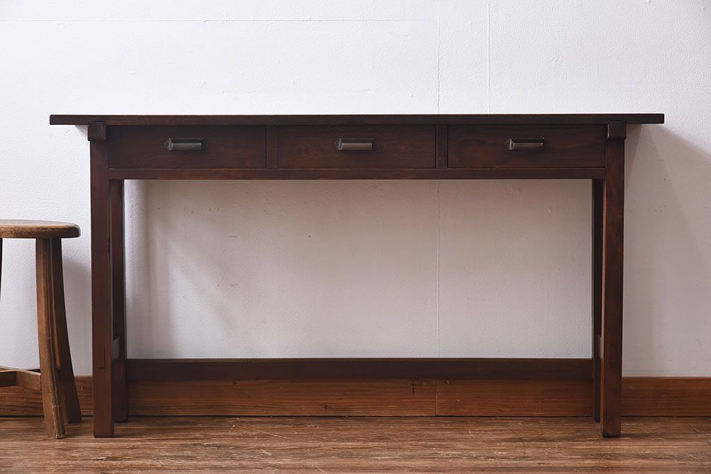 レトロ家具　昭和レトロ　ナラ材・ブナ材　味わいのある木味が魅力の薄型の平机(コンソールテーブル、サイドテーブル)(1)