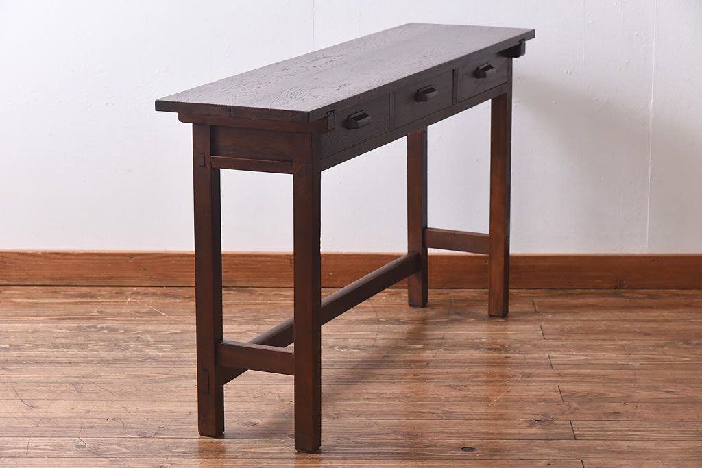 レトロ家具　昭和レトロ　ナラ材・ブナ材　味わいのある木味が魅力の薄型の平机(コンソールテーブル、サイドテーブル)(1)