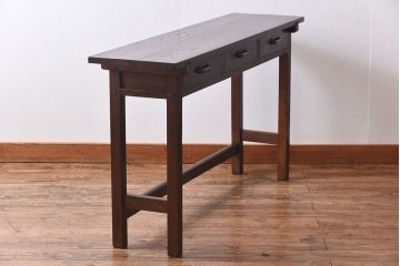 レトロ家具　昭和レトロ　ナラ材・ブナ材　味わいのある木味が魅力の薄型の平机(コンソールテーブル、サイドテーブル)(1)