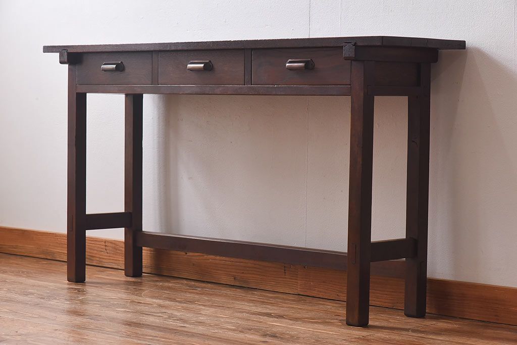 レトロ家具　昭和レトロ　ナラ材・ブナ材　味わいのある木味が魅力の薄型の平机(コンソールテーブル、サイドテーブル)(1)