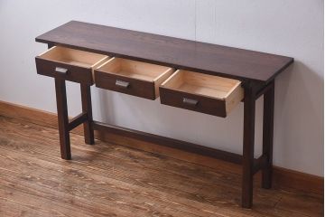 レトロ家具　昭和レトロ　ナラ材・ブナ材　味わいのある木味が魅力の薄型の平机(コンソールテーブル、サイドテーブル)(1)