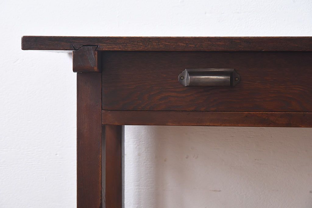 レトロ家具　昭和レトロ　ナラ材・ブナ材　味わいのある木味が魅力の薄型の平机(コンソールテーブル、サイドテーブル)(1)