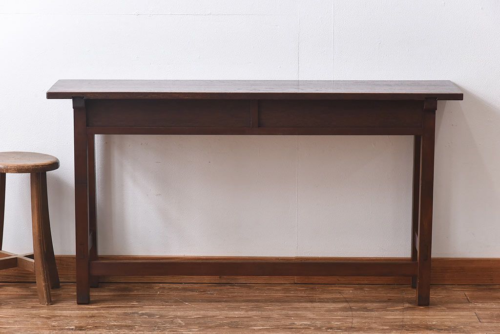 レトロ家具　昭和レトロ　ナラ材・ブナ材　味わいのある木味が魅力の薄型の平机(コンソールテーブル、サイドテーブル)(1)