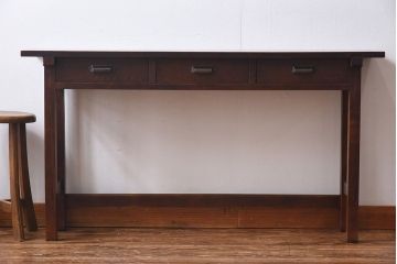 レトロ家具　昭和レトロ　ナラ材・ブナ材　味わいのある木味が魅力の薄型の平机(コンソールテーブル、サイドテーブル)(2)