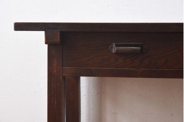 レトロ家具　昭和レトロ　ナラ材・ブナ材　味わいのある木味が魅力の薄型の平机(コンソールテーブル、サイドテーブル)(2)