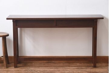 レトロ家具　昭和レトロ　ナラ材・ブナ材　味わいのある木味が魅力の薄型の平机(コンソールテーブル、サイドテーブル)(2)